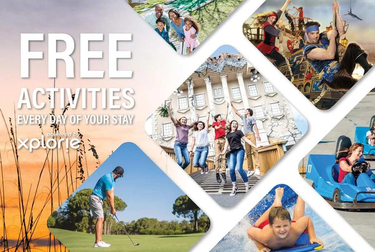 A vibrant collage of families and friends enjoying various leisure activities, including golfing, amusement park rides, and water-based fun, capturing the excitement and variety of the Free Fun Program.